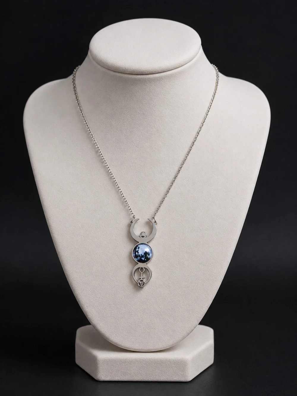 Silver Moon Phase Pendant Necklace with Blue Cabochon New